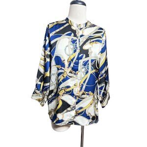 Hazel Long Sleeve Silky Button Up Blouse with Peek a boo back Size Medium